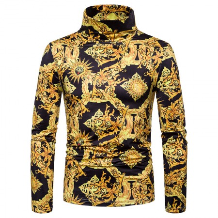 New Men's Large Size 3D Golden Pattern Print High Neck Long Sleeve T-Shirt Bottoming Shirt